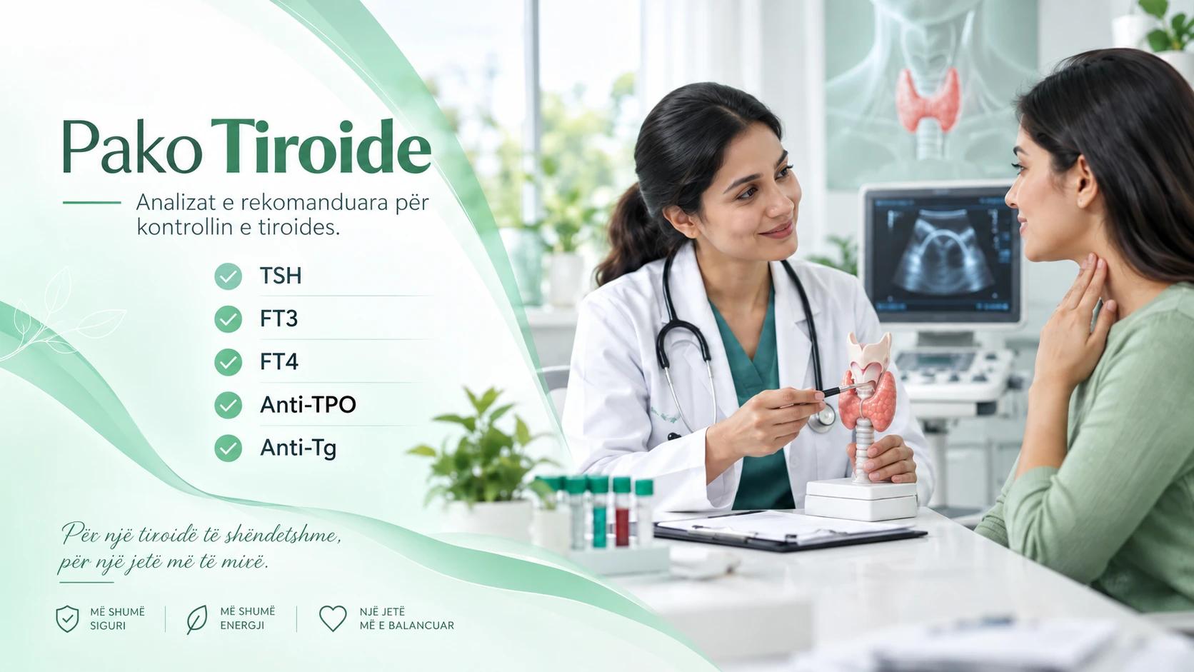 Pako Tiroide: TSH, FT3, FT4, Anti-TPO dhe Anti-Tg — mjekja shpjegon anatominë e tiroides te pacientja.