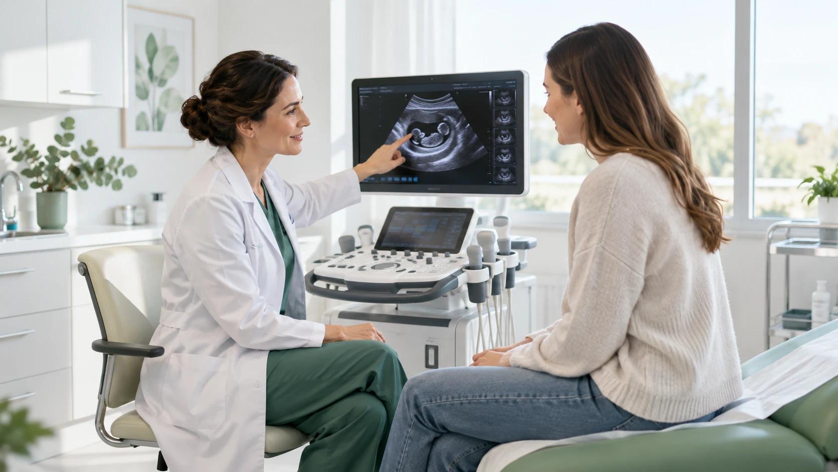 Gjinekologia i tregon pacientes imazhin e ekografisë në monitor.