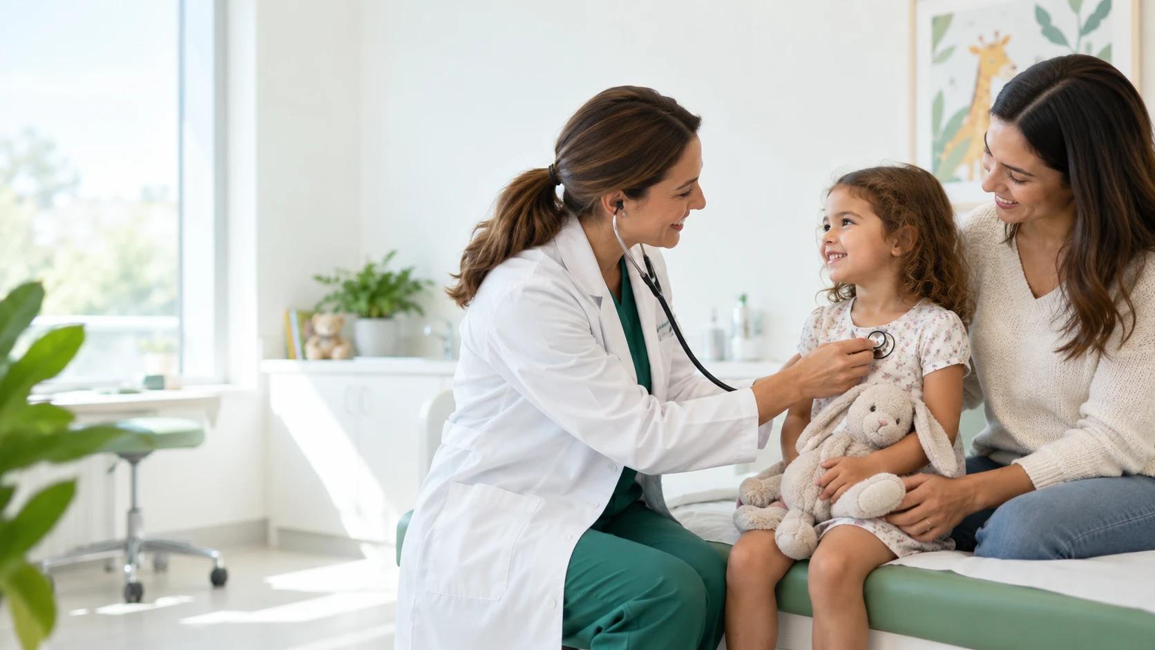 Pediatrja ekzaminon një vajzë të vogël me stetoskop, ndërsa nëna qëndron pranë.