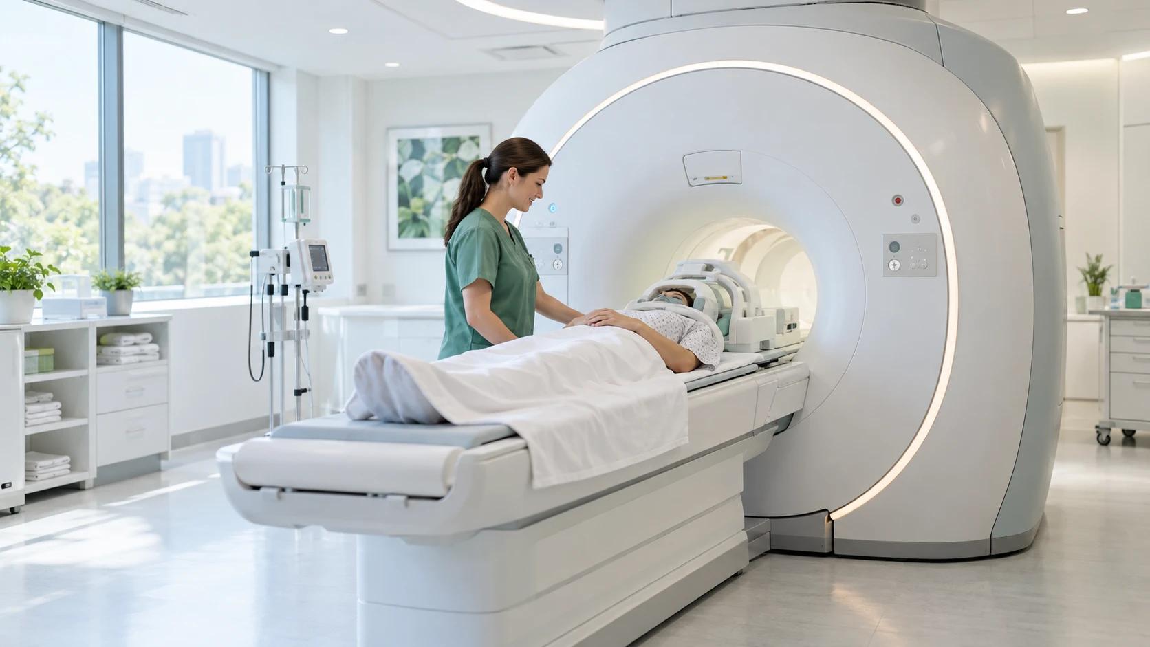 Infermierja përgatit pacientin për një ekzaminim me rezonancë magnetike (MRI).