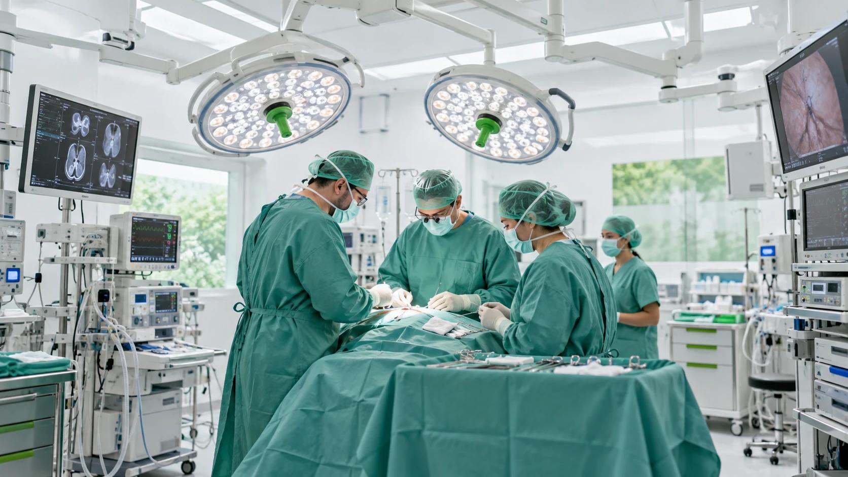 Ekipi kirurgjikal duke operuar nën dritat e sallës moderne të operacionit.